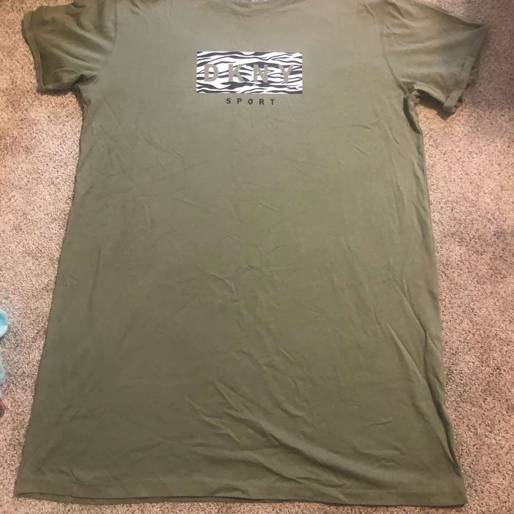 DKNY Olive Green Short-Sleeve Logo T-shirt Dress with Black & White Zebra Accent